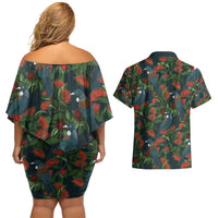 New Zealand Christmas Couples Matching Off Shoulder Short Dress and Hawaiian Shirt Romantic Tui Birds on Pohutukawa - Cobalt LT7 - Polynesian Pride