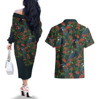 New Zealand Christmas Couples Matching Off The Shoulder Long Sleeve Dress and Hawaiian Shirt Romantic Tui Birds on Pohutukawa - Cobalt LT7 - Polynesian Pride