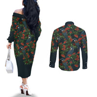 New Zealand Christmas Couples Matching Off The Shoulder Long Sleeve Dress and Long Sleeve Button Shirt Romantic Tui Birds on Pohutukawa - Cobalt LT7 - Polynesian Pride