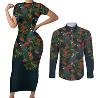 New Zealand Christmas Couples Matching Short Sleeve Bodycon Dress and Long Sleeve Button Shirt Romantic Tui Birds on Pohutukawa - Cobalt LT7 Cobalt - Polynesian Pride