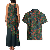 New Zealand Christmas Couples Matching Tank Maxi Dress and Hawaiian Shirt Romantic Tui Birds on Pohutukawa - Cobalt LT7 - Polynesian Pride