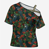 New Zealand Christmas Cross Shoulder Shirt Romantic Tui Birds on Pohutukawa - Cobalt LT7 Female Cobalt - Polynesian Pride