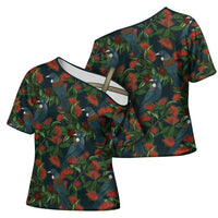 New Zealand Christmas Cross Shoulder Shirt Romantic Tui Birds on Pohutukawa - Cobalt LT7 - Polynesian Pride