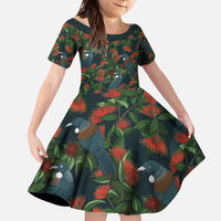 New Zealand Christmas Family Matching Off The Shoulder Long Sleeve Dress and Hawaiian Shirt Romantic Tui Birds on Pohutukawa - Cobalt LT7 Daughter's Dress Cobalt - Polynesian Pride