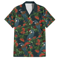 New Zealand Christmas Family Matching Off Shoulder Maxi Dress and Hawaiian Shirt Romantic Tui Birds on Pohutukawa - Cobalt LT7 Dad's Shirt - Short Sleeve Cobalt - Polynesian Pride