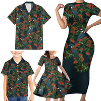 New Zealand Christmas Family Matching Short Sleeve Bodycon Dress and Hawaiian Shirt Romantic Tui Birds on Pohutukawa - Cobalt LT7 - Polynesian Pride