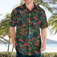 New Zealand Christmas Hawaiian Shirt Romantic Tui Birds on Pohutukawa - Cobalt LT7 - Polynesian Pride