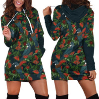 New Zealand Christmas Hoodie Dress Romantic Tui Birds on Pohutukawa - Cobalt LT7 - Polynesian Pride