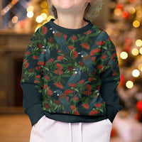 New Zealand Christmas Kid Ugly Christmas Sweater Romantic Tui Birds on Pohutukawa - Cobalt LT7 - Polynesian Pride