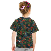 New Zealand Christmas Kid T Shirt Romantic Tui Birds on Pohutukawa - Cobalt LT7 - Polynesian Pride
