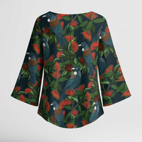 New Zealand Christmas Kimono Sleeve Blouse Romantic Tui Birds on Pohutukawa - Cobalt LT7 - Polynesian Pride