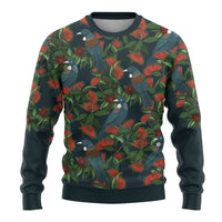 New Zealand Christmas Ugly Christmas Sweater Romantic Tui Birds on Pohutukawa - Cobalt LT7 - Polynesian Pride