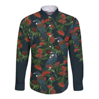 New Zealand Christmas Long Sleeve Button Shirt Romantic Tui Birds on Pohutukawa - Cobalt LT7 Unisex Cobalt - Polynesian Pride