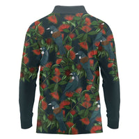 New Zealand Christmas Long Sleeve Polo Shirt Romantic Tui Birds on Pohutukawa - Cobalt LT7 - Polynesian Pride