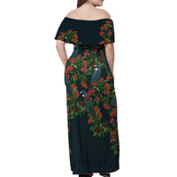 New Zealand Christmas Off Shoulder Maxi Dress Romantic Tui Birds on Pohutukawa - Cobalt LT7 - Polynesian Pride