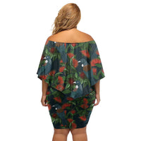 New Zealand Christmas Off Shoulder Short Dress Romantic Tui Birds on Pohutukawa - Cobalt LT7 - Polynesian Pride