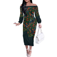 New Zealand Christmas Off The Shoulder Long Sleeve Dress Romantic Tui Birds on Pohutukawa - Cobalt LT7 Women Cobalt - Polynesian Pride