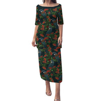 New Zealand Christmas Puletasi Romantic Tui Birds on Pohutukawa - Cobalt LT7 Long Dress Cobalt - Polynesian Pride