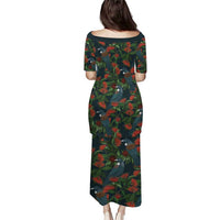 New Zealand Christmas Puletasi Romantic Tui Birds on Pohutukawa - Cobalt LT7 - Polynesian Pride