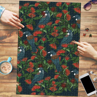 New Zealand Christmas Puzzle Romantic Tui Birds on Pohutukawa - Cobalt - Polynesian Pride
