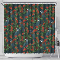 New Zealand Christmas Shower Curtain Romantic Tui Birds on Pohutukawa - Cobalt LT7 - Polynesian Pride