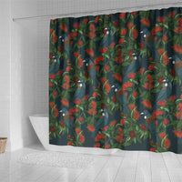 New Zealand Christmas Shower Curtain Romantic Tui Birds on Pohutukawa - Cobalt LT7 - Polynesian Pride