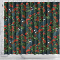 New Zealand Christmas Shower Curtain Romantic Tui Birds on Pohutukawa - Cobalt LT7 - Polynesian Pride