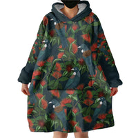 New Zealand Christmas Wearable Blanket Hoodie Romantic Tui Birds on Pohutukawa - Cobalt LT7 - Polynesian Pride