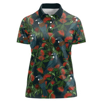 New Zealand Christmas Women Polo Shirt Romantic Tui Birds on Pohutukawa - Cobalt - Polynesian Pride