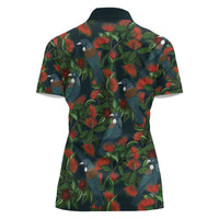 New Zealand Christmas Women Polo Shirt Romantic Tui Birds on Pohutukawa - Cobalt - Polynesian Pride