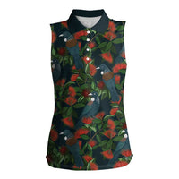 New Zealand Christmas Women Sleeveless Polo Shirt Romantic Tui Birds on Pohutukawa - Cobalt LT7 Female Cobalt - Polynesian Pride