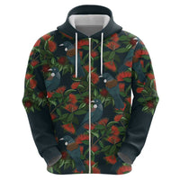 New Zealand Christmas Zip Hoodie Romantic Tui Birds on Pohutukawa - Cobalt LT7 - Polynesian Pride