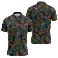 New Zealand Christmas Zipper Polo Shirt Romantic Tui Birds on Pohutukawa - Cobalt LT7 - Polynesian Pride