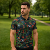 New Zealand Christmas Zipper Polo Shirt Romantic Tui Birds on Pohutukawa - Cobalt LT7 - Polynesian Pride