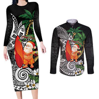 Polynesian Couples Matching Long Sleeve Bodycon Dress and Long Sleeve Button Shirt Tropical Santa - Plumeria Black Vintage LT7 Black - Polynesian Pride