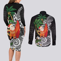 Polynesian Couples Matching Long Sleeve Bodycon Dress and Long Sleeve Button Shirt Tropical Santa - Plumeria Black Vintage LT7 - Polynesian Pride