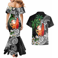 Polynesian Couples Matching Mermaid Dress and Hawaiian Shirt Tropical Santa - Plumeria Black Vintage LT7 - Polynesian Pride