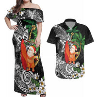 Polynesian Couples Matching Off Shoulder Maxi Dress and Hawaiian Shirt Tropical Santa - Plumeria Black Vintage LT7 Black - Polynesian Pride