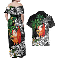 Polynesian Couples Matching Off Shoulder Maxi Dress and Hawaiian Shirt Tropical Santa - Plumeria Black Vintage LT7 - Polynesian Pride