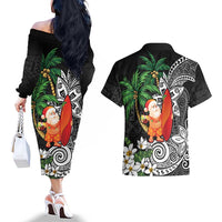 Polynesian Couples Matching Off The Shoulder Long Sleeve Dress and Hawaiian Shirt Tropical Santa - Plumeria Black Vintage LT7 - Polynesian Pride