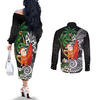Polynesian Couples Matching Off The Shoulder Long Sleeve Dress and Long Sleeve Button Shirt Tropical Santa - Plumeria Black Vintage LT7 - Polynesian Pride