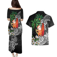 Polynesian Couples Matching Puletasi and Hawaiian Shirt Tropical Santa - Plumeria Black Vintage LT7 - Polynesian Pride
