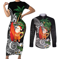 Polynesian Couples Matching Short Sleeve Bodycon Dress and Long Sleeve Button Shirt Tropical Santa - Plumeria Black Vintage LT7 Black - Polynesian Pride