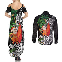 Polynesian Couples Matching Summer Maxi Dress and Long Sleeve Button Shirt Tropical Santa - Plumeria Black Vintage LT7 - Polynesian Pride