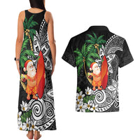 Polynesian Couples Matching Tank Maxi Dress and Hawaiian Shirt Tropical Santa - Plumeria Black Vintage LT7 - Polynesian Pride