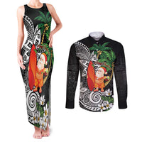 Polynesian Couples Matching Tank Maxi Dress and Long Sleeve Button Shirt Tropical Santa - Plumeria Black Vintage LT7 Black - Polynesian Pride