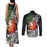 Polynesian Couples Matching Tank Maxi Dress and Long Sleeve Button Shirt Tropical Santa - Plumeria Black Vintage LT7 - Polynesian Pride