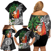 Polynesian Family Matching Off Shoulder Short Dress and Hawaiian Shirt Tropical Santa - Plumeria Black Vintage LT7 - Polynesian Pride