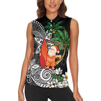 Polynesian Women Sleeveless Polo Shirt Tropical Santa - Plumeria Black Vintage LT7 - Polynesian Pride