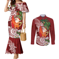 Polynesian Couples Matching Mermaid Dress and Long Sleeve Button Shirt Tropical Santa - Plumeria Red Vintage LT7 Red - Polynesian Pride